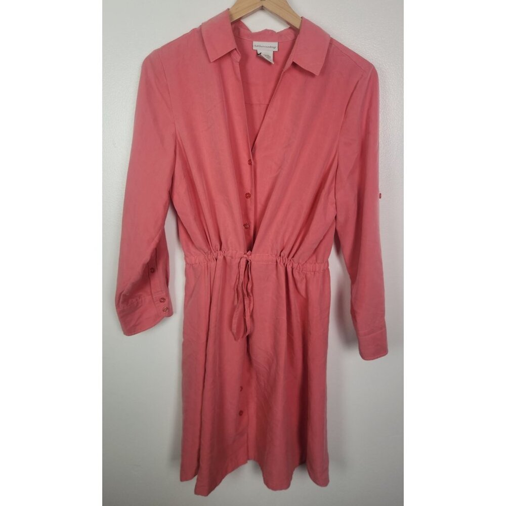 Soft Surroundings Women's Sz. PL Coral Long Tab Sleeve Button Up Cinched Dress